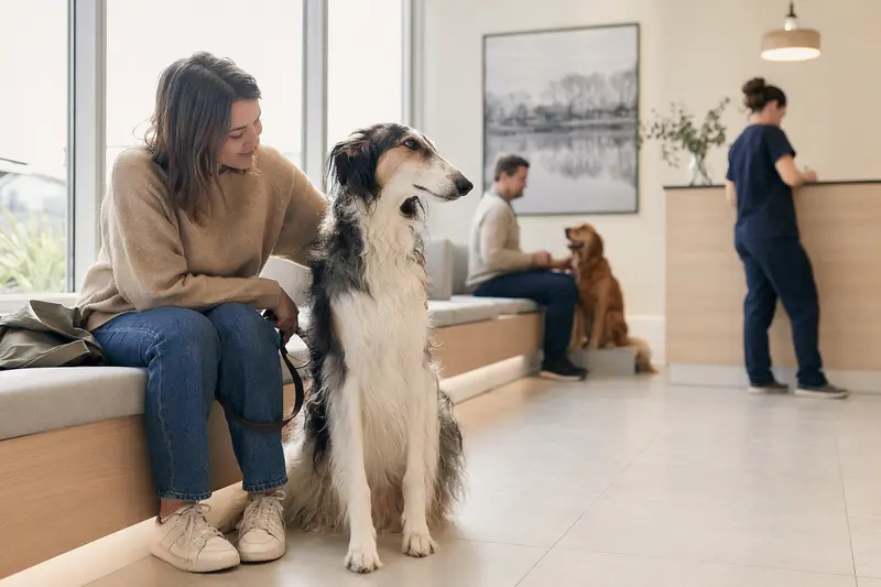 Ein Kirghiz Barzoi sitzt ruhig neben seinem Besitzer im hellen Wartezimmer einer modernen Tierarztpraxis.